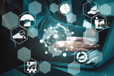 Ticari Yatırım Konsepti Risk Yönetimi ve Değerlendirmesi. Beklenmedik kayıpları kontrol etmek ve finansal güvenliği sağlamak için riskli plan analizinde stratejinin sembollerini gösteren modern arayüz. uds