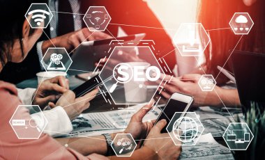 SEO - Çevrimiçi Pazarlama Konsepti için Arama Motoru Optimizasyonu. Müşteri arama ve pazar stratejisini optimize ederek anahtar kelime araştırma web sitesinin tanıtımını gösteren modern arayüz. uds