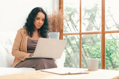 İnternette önemli bir iş için dizüstü bilgisayar kullanan Afro-Amerikalı bir kadın. Evde çalışan sekreter veya çevrimiçi içerik yazma.