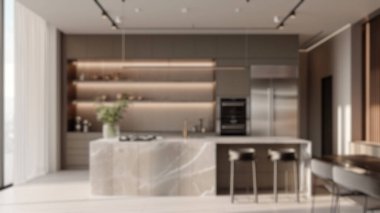 Geniş, modern bir mutfak iç mekanı, arka plan kullanımı ya da tasarım modelleri için ideal, kasıtlı olarak bulanık bir görüntü. Saygıdeğer.