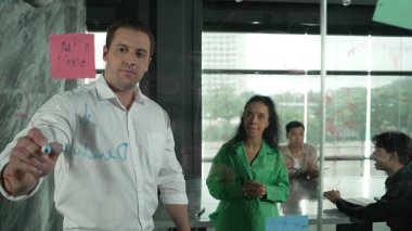 Yetenekli işadamı, cam duvara renkli yapışkan notlar yapıştırarak proje yöneticisine pazarlama fikrini sundu. Proje yöneticisi yatırımcıya projeyi gösteriyor, anlatıyor, gösteriyor. Yönlendirici.