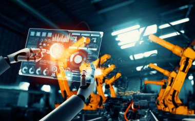 XAI Mekanize Endüstri Robotu ve robot silahları fabrika üretiminde kullanılacak. Sanayi devrimi ve otomasyon üretim süreci için yapay zeka kavramı.