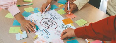 Yaratıcı iş adamları, zihin haritalama kullanarak pazarlama stratejisi ve iş planı hakkında beyin fırtınası yapıyorlar. Girişim ekibi kağıda yazmak için birlikte çalışır. Eline odaklan. - Yakın çekim. Değiştirilmiş.