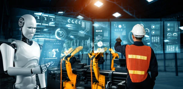 Xai Mekanize Endüstri Robotu Insan Işçileri Gelecekteki Fabrikada Birlikte Çalışıyorlar — Stok fotoğraf