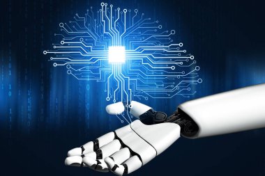 XAI 3D Renching futuristik robot teknolojisi geliştirme, yapay zeka yapay zeka ve makine öğrenme konsepti. İnsan hayatının geleceği için küresel robot biyonik bilim araştırması.