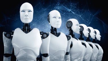 XAI 3D illüstrasyon. Robot insansı grubun gelecekteki yapay zeka kavramı ve 4. sanayi devrimi..