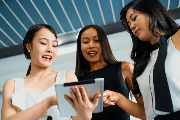 Three Asian Women Friends Having Conversation While Looking Tablet Computer — Stock Photo, Image