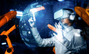 Dijital sanayi ve fabrika robotu teknolojisi için XAI Gelişmiş Robot Kol Sistemi. İnternet ağına bağlı IOT yazılımı kullanarak endüstri mühendisliği tarafından kontrol edilen otomasyon üretim robotu.