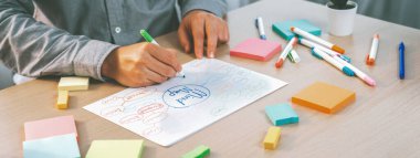 Yetenekli iş adamları zihin haritaları kullanarak pazarlama fikirleri üretiyor. Başarılı erkek girişim lideri masaya yapış yapış notlar serpiştirerek finansal plan hazırlıyor. - Yakın çekim. Eline odaklan. Değişik..