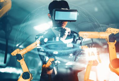 Mekanize endüstriyel robot kol kontrolü için XAI Gelecek VR teknolojisi. Sanayi devrimi ve otomatikleştirilmiş üretim süreci için robot teknolojisi kavramı.