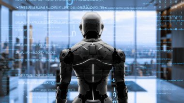 Yapay zeka mühendisliği iş başında. Yapay zeka algoritması pazarlama otomasyonu, teknik analiz, çözüm iletişimi ve hızlı yanıt için. LISP kodlu program ve 3d resimleme öğrenen makine