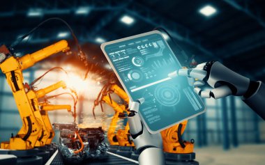 XAI Mekanize Endüstri Robotu ve robot silahları fabrika üretiminde kullanılacak. Sanayi devrimi ve otomasyon üretim süreci için yapay zeka kavramı.