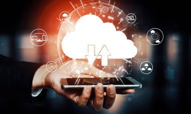 İş ağı konsepti için bulut bilgisayar teknolojisi ve çevrimiçi veri depolama. Bilgisayar, bulut veri transferi için internet sunucusuna 3 boyutlu fütüristik grafik arayüzü ile bağlanır. uds