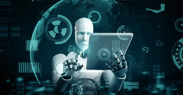 Xai 3D演示了未来机器人人工智能Huminoid Ai在工业工厂技术开发和机器学习中的应用 机器人仿生科学研究对人类未来的影响 — 图库照片