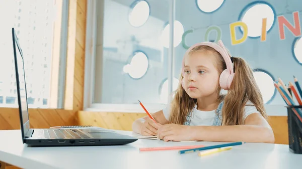 Cute Smart Girl Doing Classwork Online Learning While Listen Teacher — Stock Photo, Image