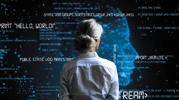 Senior Woman Programmer Engaged Engineering Analyzing Software Lisp Open Bot — Stock Photo, Image