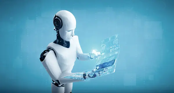 Xai Illustration Robothumanoid Använda Mobiltelefon Eller Surfplatta För Big Data — Stockfoto