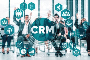 İş satış pazarlama sistemi konsepti için CRM Müşteri İlişkileri Yönetimi CRM veritabanı analizini desteklemek için hizmet uygulamasının fütüristik grafik arayüzünde sunulmuştur. uds