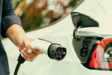 Sonbahar gezisi sırasında sonbahar ormanı arabasında elektrikli araba için şarj eden bir adam. Sonbahar tatilinde elektrikli araçla çevre dostu bir seyahat. Yükselt