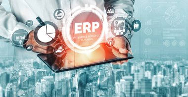 Ticari kaynaklar için Enterprise Resource Management ERP yazılım sistemi modern grafik arayüzünde sunulmuştur. Şirket kaynaklarını yönetmek için geleceğin teknolojisini göstermektedir. uds