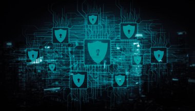 Siber Güvenlik ve Dijital Veri Koruma Konsepti. Simge arayüzü çevrimiçi veri erişim savunması için güvenli güvenlik duvarı teknolojisi gösteriyor. Hackerlara, virüse ve güvensiz bilgilere karşı. uds