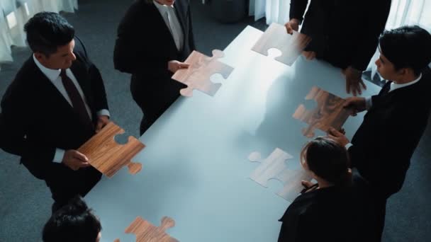 Top View Business People Putting Jigsaw Together Meeting Room Professional — Stock Video