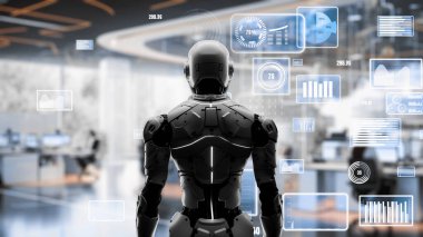 LISP ile geleceğin robot mühendisliği yapay zeka çözümleri. Robot otomasyonu pazarlama, LLM teknik analizi ve siber iletişim için stratejik bir algoritma. 3D illüstrasyon Yapay Zeka