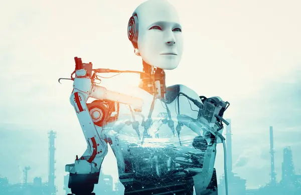 Xai Mechanized Industry Robot Robotic Arms Double Exposure Image Concept — Stock Photo, Image