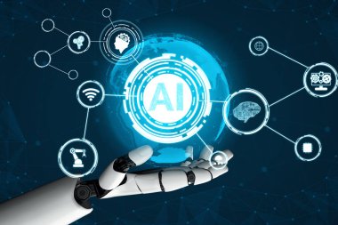 XAI 3D Renching futuristik robot teknolojisi geliştirme, yapay zeka yapay zeka ve makine öğrenme konsepti. İnsan hayatının geleceği için küresel robot biyonik bilim araştırması.