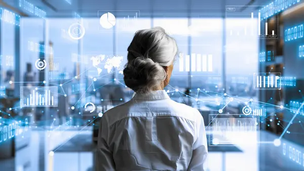 Finansal danışman veya tüccar BI ticari istihbarat veri tablosu ve grafik gösterge paneli ile çalışarak pazarlama stratejisi araştırması için karar veriyor..