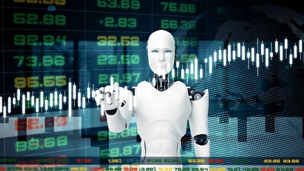 XAI 3D illüstrasyon Futuristik robot, borsa ticareti için yapay zeka CGI. Robot Adam 3 boyutlu canlandırma. 3B illüstrasyon.