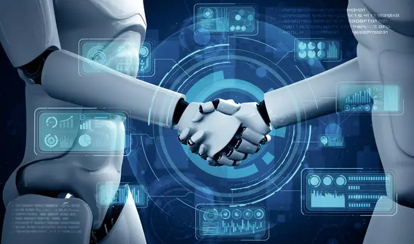 XAI 3d illustration humanoid robot handshake to collaborate future technology development by AI thinking brain, artificial intelligence and machine learning process for 4th industrial revolution.