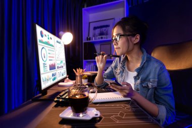 Sunucu kanalı Asyalı etkileyicisi, sosyal medyada kulaklık takarak iş grafikleri ekranında dinleyicileri selamlıyor ve Neon Modern Stüdyoları 'nda internet üzerinden koçluk yapıyor. Taktik.