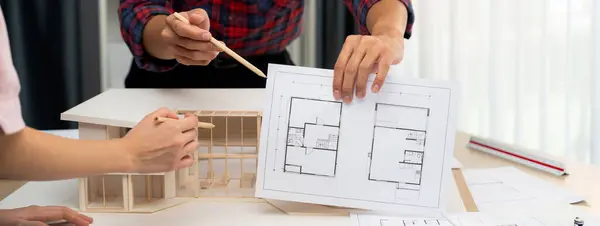 Cropped Image Professional Architect Hand Compare Construction Blueprint House Model — Stock Photo, Image