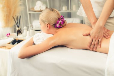 Kafkasyalı kadın müşteri stres önleyici spa masajının keyfini çıkarıyor ve lüks otel ya da oteldeki gündüz açık ortam güzellik salonunda güzellik teniyle eğleniyor. Sessiz.