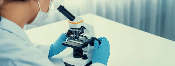 研究室の研究者は 顕微鏡を使用して新しい医薬品または治癒を開発します 実験室微生物装置を用いた科学的専門知識を有する医療技術の進歩 パノラマリジッド — ストック写真
