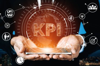 KPI İş Konsepti Performans Göstergesi - KPI yönetimi için iş hedefi değerlendirme sembolleri ve analitik numaralar gösteren modern grafik arayüzü. uds