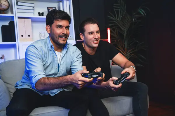 Winner Loser Players Buddy Friend Gamers Playing Video Game Using — Stock Photo, Image