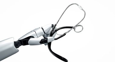 XAI 3D tıbbi yapay zeka robotu geleceğin hastanesinde çalışıyor. Hasta ve biyomedikal teknoloji konsepti için gelecekteki protez sağlık hizmetleri.