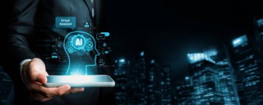 Yapay zeka sanal asistanı Chatbot ile yapay zeka konsepti ile insan etkileşimi, yapay zeka mühendisliği, LLM yapay zeka derin öğrenimi iş desteği için üretken yapay zeka kullanımı. NLP