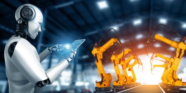 XAI Mekanize Endüstri Robotu ve robot silahları fabrika üretiminde kullanılacak. Sanayi devrimi ve otomasyon üretim süreci için yapay zeka kavramı.