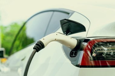 EV elektrikli araç EV şarj istasyonu ulusal park veya açık hava orman manzaralı. Çevre dostu EV arabalarla yaz ormanlarında doğal koruma. Yükselt