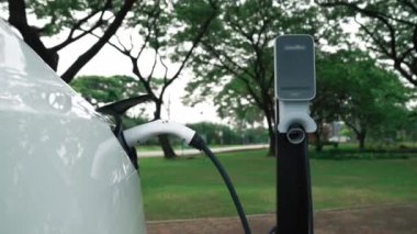 EV elektrikli araç EV şarj istasyonu ulusal park veya açık hava orman manzaralı. Çevre dostu EV arabalarla yaz ormanlarında doğal koruma. Yükselt