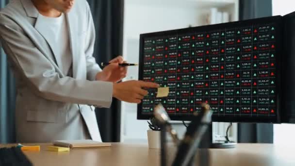 Affärsinvesterare Börshandel Företag Analysera Börs Marknadsföring Tittar Monitorer Analysera Ljus — Stockvideo