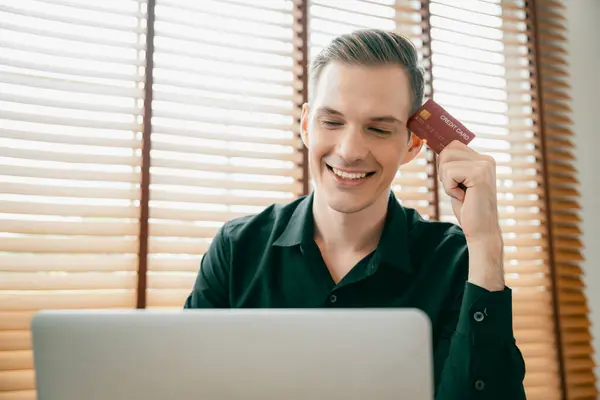 Young Man Using Laptop Credit Card Internet Banking Online Shopping — Stock Photo, Image