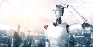 XAI 3D illüstrasyon 3D insansı robot şehir manzarası siluetine karşı sabırsızlıkla bekliyor. Yapay zekanın gelecekteki gelişimi için liderlik, fikir ve vizyon kavramı.