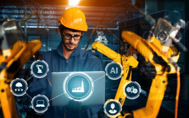 XAI Smart Endüstri 4.0 veya 4. endüstriyel devrimin otomasyon üretim sürecini ve IOT yazılımını gösteren dijital fabrika üretim teknolojisi için robot kolları.