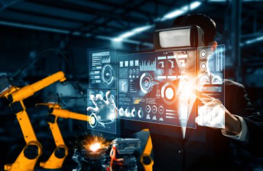 Dijital sanayi ve fabrika robotu teknolojisi için XAI Gelişmiş Robot Kol Sistemi. İnternet ağına bağlı IOT yazılımı kullanarak endüstri mühendisliği tarafından kontrol edilen otomasyon üretim robotu.