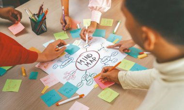 Profesyonel başlangıç grubu zihin haritası kullanarak yaratıcı pazarlama fikrini paylaşıyor. Genç yetenekli iş adamları yapışkan notlar yazarken beyin fırtınası planı yapıyorlar. Eline odaklan. - Yakın çekim. Değiştirilmiş.