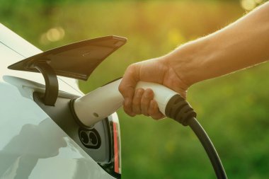 Sonbahar gezisi sırasında sonbahar ormanı arabasında elektrikli araba için şarj eden bir adam. Sonbahar tatilinde elektrikli araçla çevre dostu bir seyahat. Yükselt